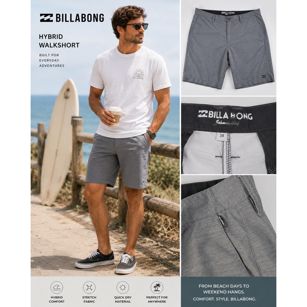 Billabong Men's Shorts Size 38 Gray Hybrid Walkshort Surf Skate Casual Stretch